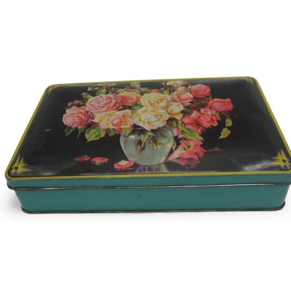 Rare BLUE BIRD Toffee Floral Rose Tin Box England 1950s Vintage - Picture 1 of 12